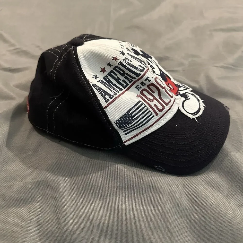Disney Parks Mickey Mouse Stretch Fit Cap Hat American 1928 Navy Blue Distressed